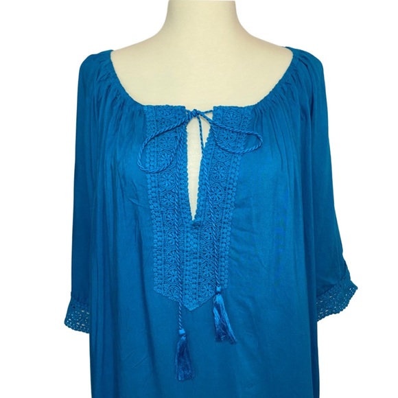 Boho Teal Blue Loose V-Neck Drawstring Beach Bikini Coverup - Picture 5 of 12